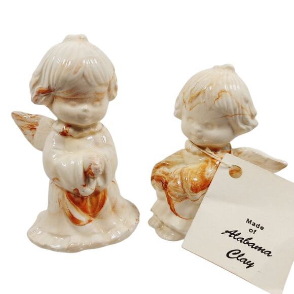 Alabama Clay Pottery 4” Pair Of Praying Angels Figurine Orange Swirls Statue - Picture 1 of 16
